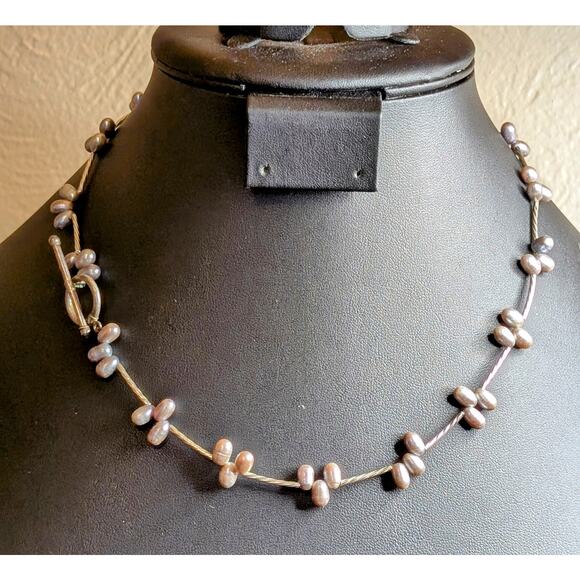 925 Sterling Silver Gray Freshwater Pearl Twisted Tube Toggle Clasp 18" Necklace - Picture 1 of 7